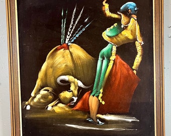 Vintage Framed Black Velvet Matador Painting | Vintage Bull Fighter Velvet Painting