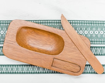 Vintage Wooden Tray and Knife Serving Set
