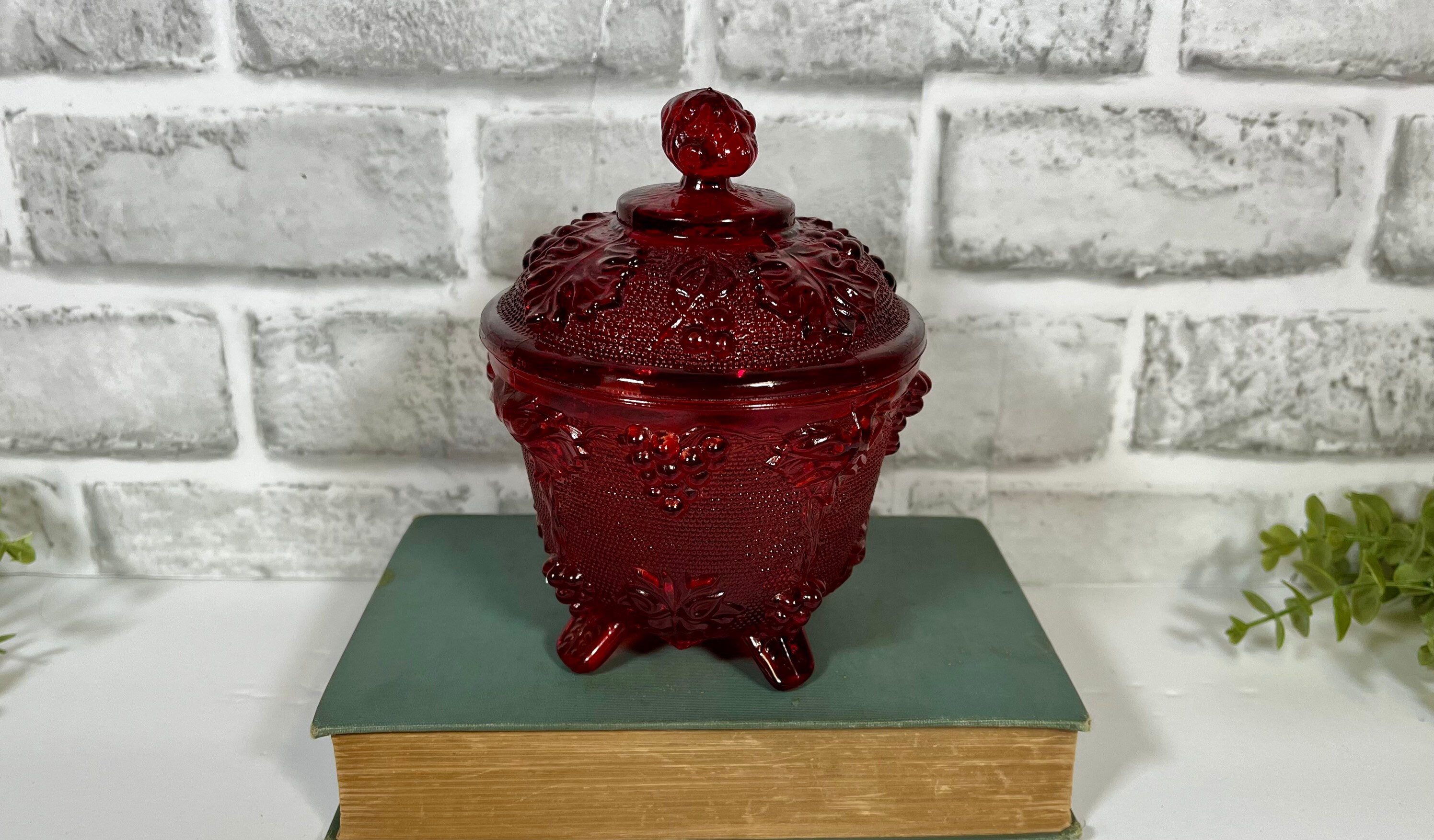 Vintage Glass Ruby Red Footed Candy Dish with Lid