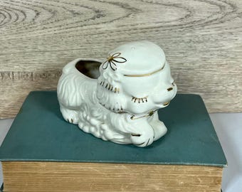 Vintage Ceramic White and Gold Poodle Planter