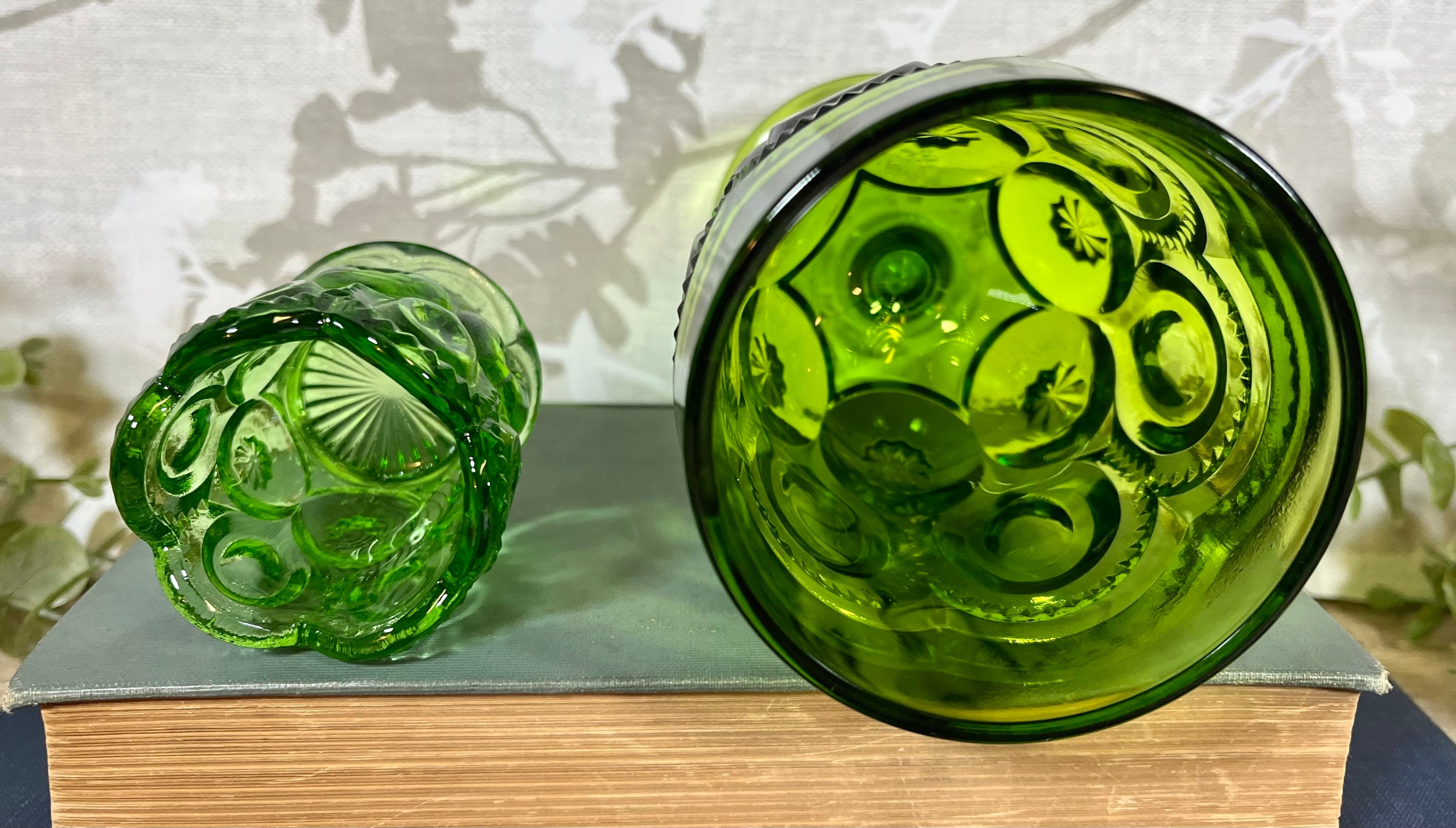 Vintage LE Smith Moon & Stars Green Glass Goblet and Toothpick Holder