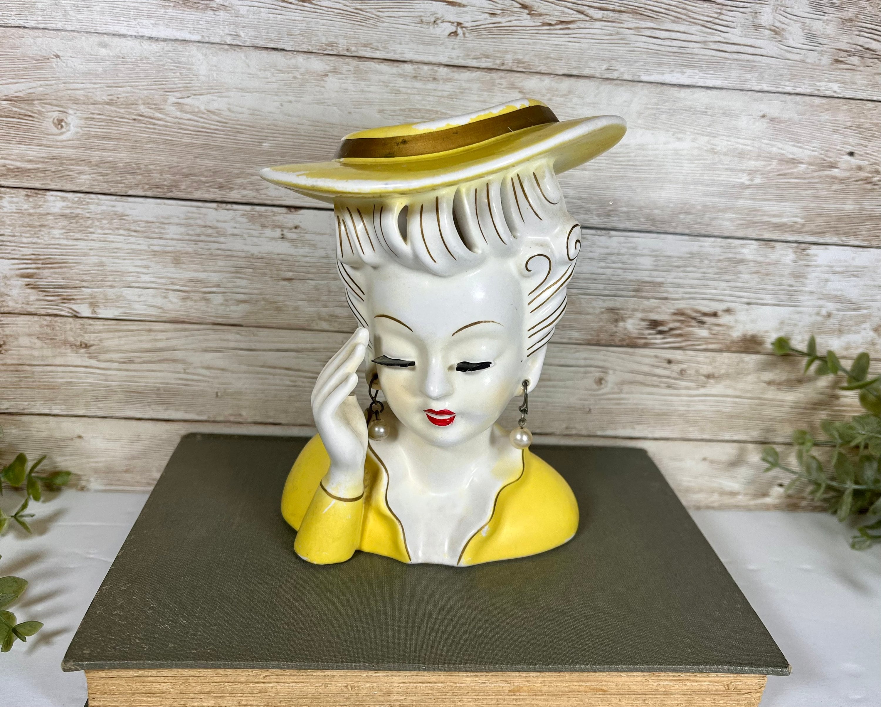 Vintage Lady Head Planter in Yellow Yellow Vintage Lady Head Planter