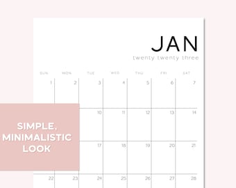 May include: A simple, minimalist calendar design for January 2023. The calendar is white with black text and lines. The days of the week are labelled at the top, and the numbers 1 through 28 are listed in the grid below.