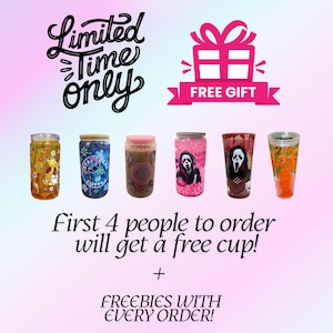May include: Six decorative tumblers with diverse designs, including cartoon characters and a horror movie theme. The image includes text that says "Limited Time Only" and "Free Gift".