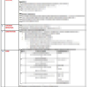 May include: A table listing common medical conditions and their corresponding severity grades. The conditions listed include bloating, flatulence, belching, cerumen impaction, constipation, and COPD.