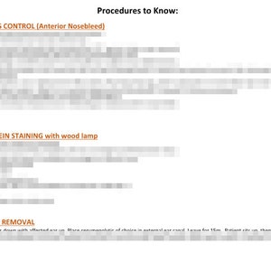 May include: A black and white document with the title "Procedures to Know:" and lists steps for epistaxis control, fluorescein staining with a wood lamp, and ear wax removal.