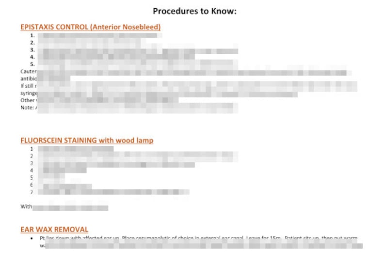 May include: A black and white document with the title "Procedures to Know:" and lists steps for epistaxis control, fluorescein staining with a wood lamp, and ear wax removal.