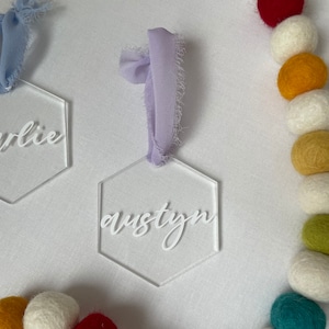 Customizable Acrylic Hexagon Ornament | Custom Gift | Acrylic Ornament | Place Setting | Acrylic Gift Tag | Chiffon Ribbon Ornament