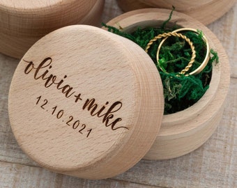 Personalized Round Wooden Ring Box| Wedding Ring Bearer for Ceremony| Engagement Ring Box| Custom Rustic Ring Holder| Wood Engraved Ring Box