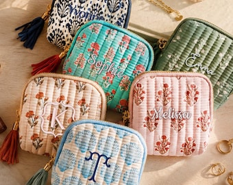 Personalized Block Print Jewelry Pouch, Embroidered Name Travel Case, Bridesmaid, Wedding, Christmas Gift