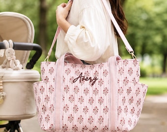Embroidered Floral Block Print Tote, Custom Quilted Diaper Bag, Monogram New Mom Gift