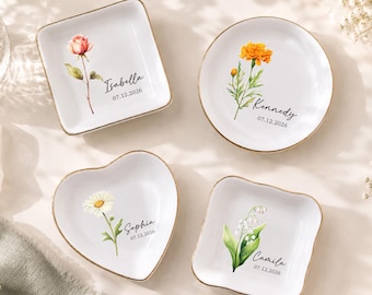 Personalized Birth Flower Ceramic Trinket Dish, Custom Name Date Ring Dish, Birthday Gift, Bridesmaid Gift, Jewelry Storage