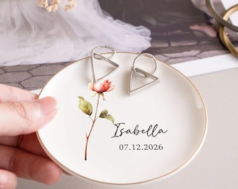 Personalized Birth Flower Ceramic Trinket Dish, Custom Name Date Ring Dish, Birthday Gift, Bridesmaid Gift, Jewelry Storage