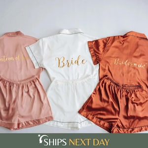 Bride Bridesmaid Pajamas Sets, Bridesmaid PJs Getting Ready Outfits, Satin Shorts Sets, Maid of Honor Gifts
