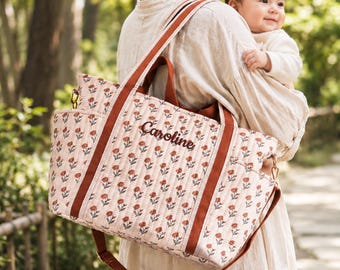 Embroidered Floral Block Print Tote, Custom Quilted Diaper Bag, Monogram New Mom Gift