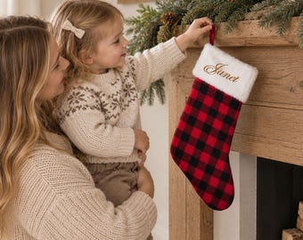 Embroidered Name Christmas Stocking, Custom Buffalo Plaid or Knit Stocking, Holiday Decor