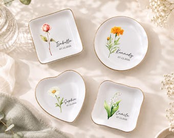 Personalized Birth Flower Ceramic Trinket Dish, Custom Name Date Ring Dish, Birthday Gift, Bridesmaid Gift, Jewelry Storage