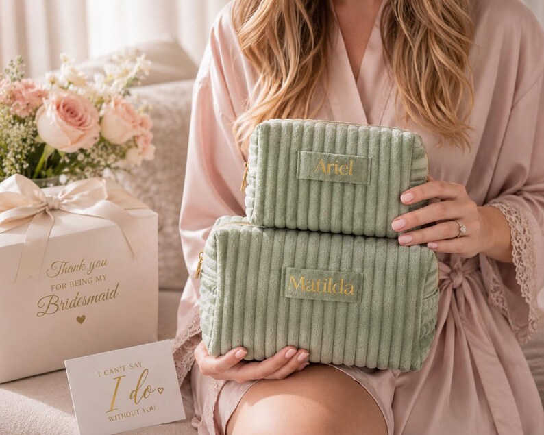 A woman in a pink robe holding a green makeup bag with the name "Ariel" on it, next to a gift box with a bow and a card that says "Thank you for being my Bridesmaid".