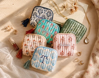 Personalized Block Print Jewelry Pouch, Embroidered Name Travel Case, Bridesmaid, Wedding, Christmas Gift