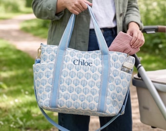 Embroidered Floral Block Print Tote, Custom Quilted Diaper Bag, Monogram New Mom Gift