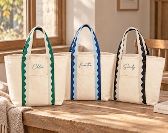 Personalized Canvas Beach Tote Bag, Custom Embroidered Monogram Initial Tote, Wave Trim Bag, Bridesmaid Gift, Vacation Beach Bag