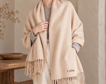 Custom Fringe Scarf Wrap with Name, Embroidered Monogram Scarves for Women, Gift for Her