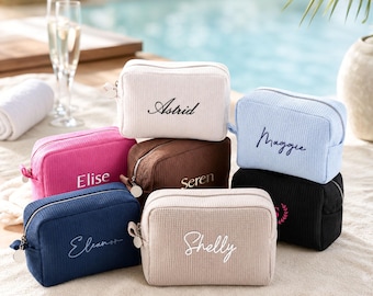 Maid of Honor Gift: Custom Name Waffle Cosmetic Bag, Embroidered Toiletry Pouch [N]