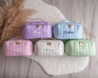 Custom Embroidered Makeup Bag for Women, Elegant Quilted Cosmetic Travel Cases, Personalized Gift for Mom, Valentine's Day Gift for Mom