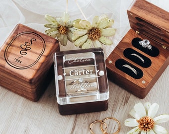 Caja de anillo de boda personalizada / Portador de anillo personalizado con tapa acrílica y base de madera / Caja de anillo grabada para ceremonia de boda de compromiso