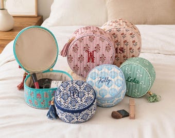 Personalized Quilted Round Cosmetic Pouch, Embroidered Monogram, Travel Toiletry Case (Block Print), Christmas Gifts for Her Mom Friend