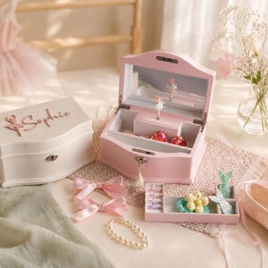 Personalized Ballerina Musical Jewelry Box with Name, Custom Kids Jewelry Organizer, Girls Birthday Gift & Flower Girl Gift [W]