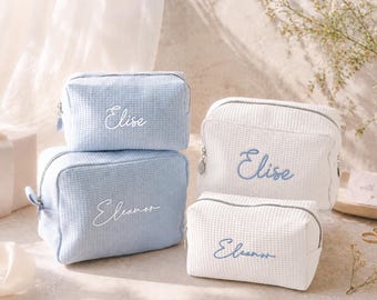 Bachelorette Party Favor: Monogram Waffle Cosmetic Bag with Zipper, Small Large [N]