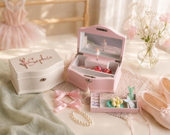 Personalized Ballerina Musical Jewelry Box with Name, Custom Kids Jewelry Organizer, Girls Birthday Gift & Flower Girl Gift