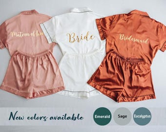 Bride Bridesmaid Pajamas Sets, Bridesmaid PJs Getting Ready Outfits, Satin Shorts Sets, Maid of Honor Gifts