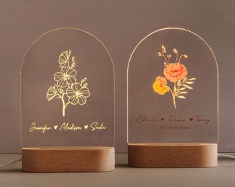 Mom&#39;s Birth Month Flowers Night Light, Custom Family Night Light, Christmas Gift for Mom, Christmas Gift for Mom, Holiday Gifts