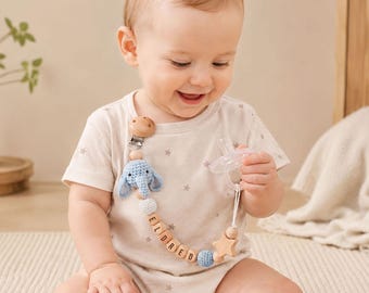 Custom Name Pacifier Holder with Crochet Animal, Personalized Baby Accessory, Newborn Keepsake, Baby Shower and New Mom Gift [N]
