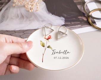 Personalized Birth Flower Ceramic Trinket Dish, Custom Name Date Ring Dish, Birthday Gift, Bridesmaid Gift, Jewelry Storage