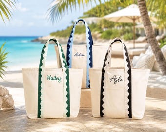 Personalized Canvas Beach Tote Bag, Custom Embroidered Monogram Initial Tote, Wave Trim Bag, Bridesmaid Gift, Vacation Beach Bag