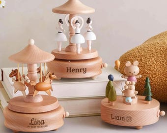 Baby Shower Keepsake: Custom Engraved Wooden Carousel Music Box
