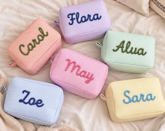 Custom Name Striped Toiletry Bag: Chunky Yarn Monogrammed Makeup Organizer [N]