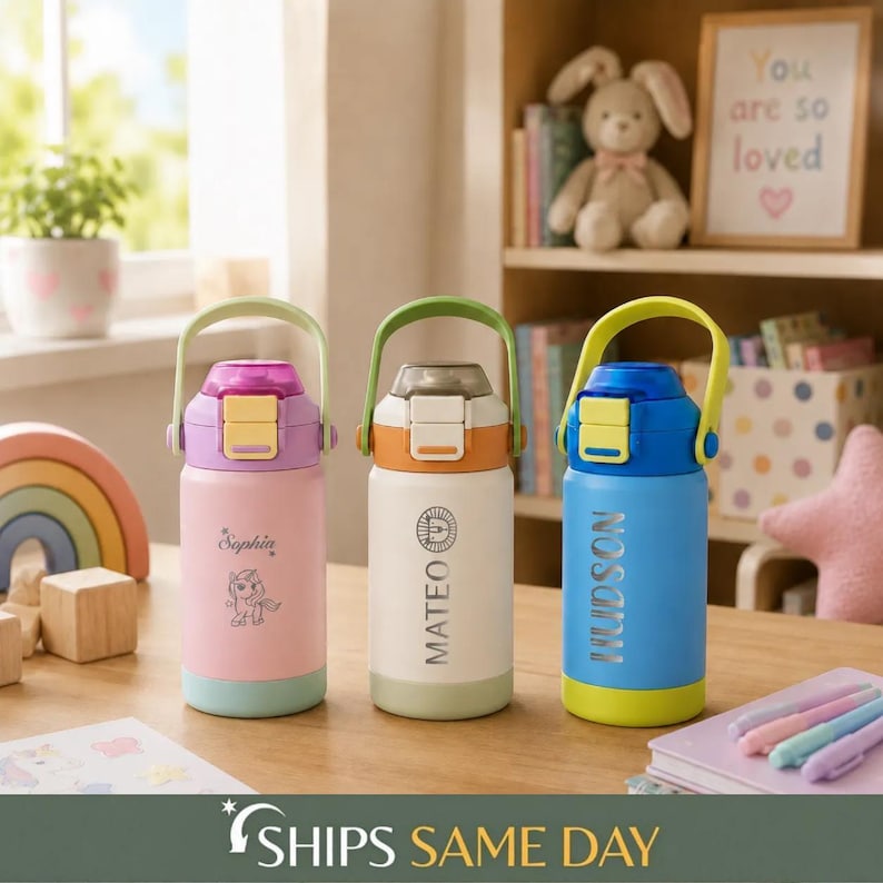 Back to School Gifts, Personalized Kid Water Bottle with Straw, Engraved Kids Name Tumbler [KT02] [R] image 1