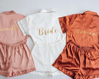 Bride Bridesmaid Pajamas Sets, Bridesmaid PJs Getting Ready Outfits, Satin Shorts Sets, Maid of Honor Gifts