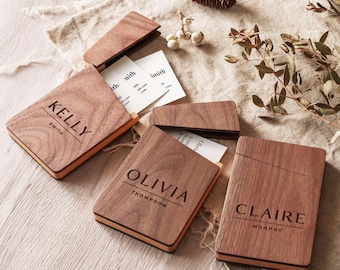 Custom Wooden Business Card Case, Personalized Card Holder, Magnet Closure Case, Graduation Gift for Her, Personalized Gift for Mom