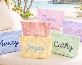 Bridesmaid Proposal Gift: Personalized Seersucker Makeup Bag, Custom Chenille Name Travel Pouch [N]
