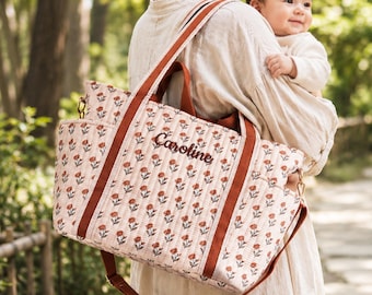Embroidered Floral Block Print Tote, Custom Quilted Diaper Bag, Monogram New Mom Gift
