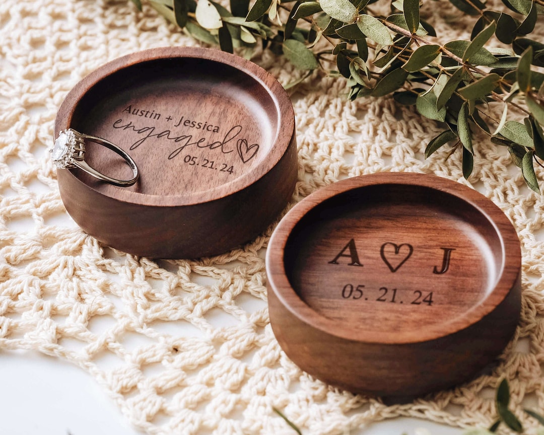 Custom Engraved Wooden Ring Dish Engagement Gifts Personalized Ring