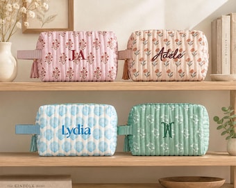 Floral Block Print Quilted Makeup Bag with Handle, Personalized Embroidered Cosmetic Bag, Monogram Toiletry Pouch, Bridesmaid Gift [N]