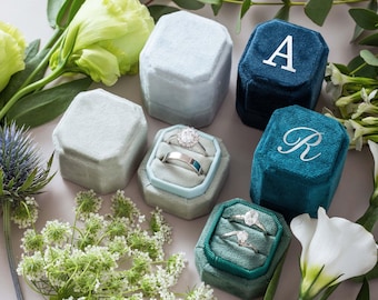 Personalized Velvet Ring Box, Custom Wedding Ring Box, Double Slot Ring Box, Engagement Ring Bearer Box, Ring Box for Wedding Ceremony<W>