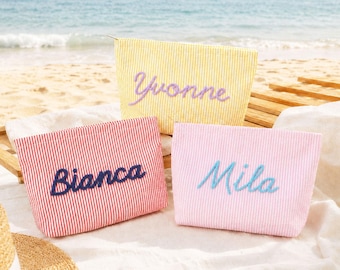 Bridesmaid Proposal Gift: Personalized Seersucker Makeup Bag, Custom Chenille Name Travel Pouch [N]
