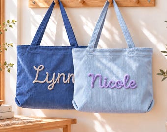 Embroidered Corduroy Tote Bag, Custom Shoulder Bag, Bridesmaid Proposal, Teacher Gift & Birthday Gift